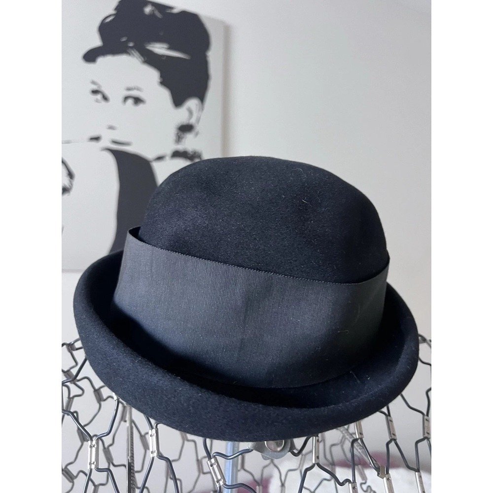 Vintage Black Wool Felt Bowler Hat Grosgrain Ribbon Bow Lace Trim Size‎ 22